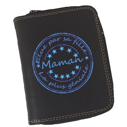 Porte-Monnaie & Porte-Cartes Femme – Personnalisé Maman Elue par sa fille – Simili Cuir Noir