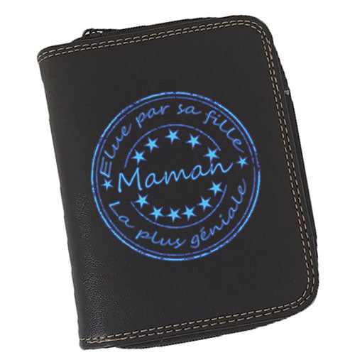 Porte-Monnaie & Porte-Cartes Femme – Personnalisé Maman Elue par sa fille – Simili Cuir Noir
