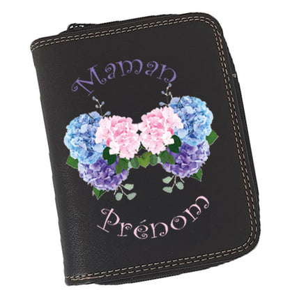 Porte-Monnaie & Porte-Cartes Femme – Personnalisé Maman Hortensia – Simili Cuir Noir