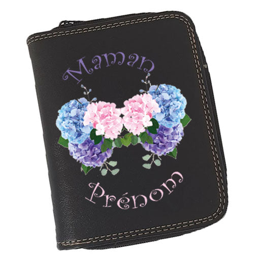 Porte-Monnaie & Porte-Cartes Femme – Personnalisé Maman Hortensia – Simili Cuir Noir