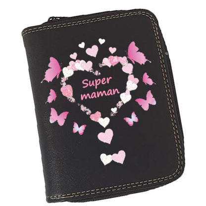 Porte-Monnaie & Porte-Cartes Femme – Personnalisé Super Maman Coeur – Simili Cuir Noir