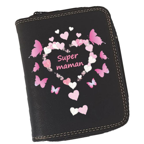 Porte-Monnaie & Porte-Cartes Femme – Personnalisé Super Maman Coeur – Simili Cuir Noir