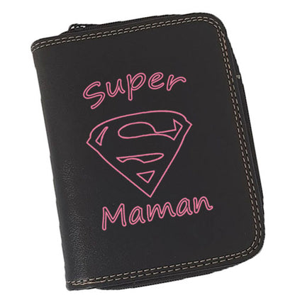 Porte-Monnaie & Porte-Cartes Femme – Personnalisé Super héros Maman – Simili Cuir Noir