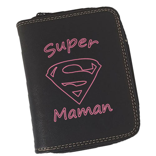 Porte-Monnaie & Porte-Cartes Femme – Personnalisé Super héros Maman – Simili Cuir Noir