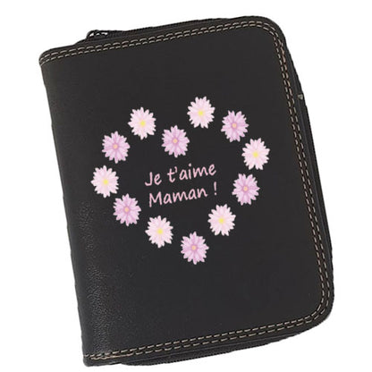 Porte-Monnaie & Porte-Cartes Femme – Personnalisé Maman Je T’aime – Simili Cuir Noir