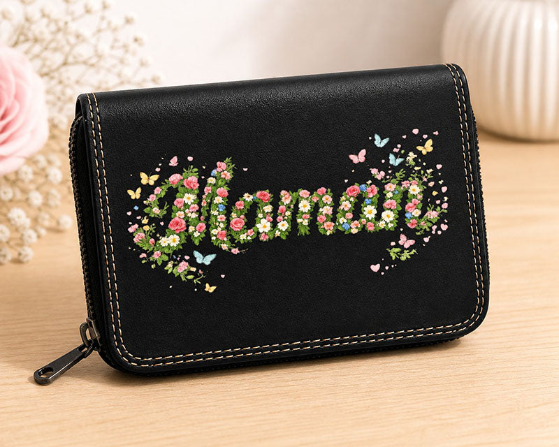 Porte-Monnaie & Porte-Cartes Femme – Personnalisé Maman Fleurs – Simili Cuir Noir