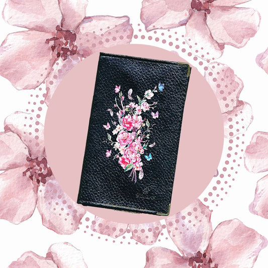 Porte Carte Grise en Cuir noir pour femme motif Fleur de Cerisier