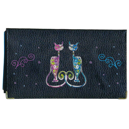 Porte chéquier et carte en cuir noir pour femme personnalisé Couple de chat