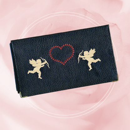 Porte chéquier et carte en cuir noir pour femme personnalisé Cupidon