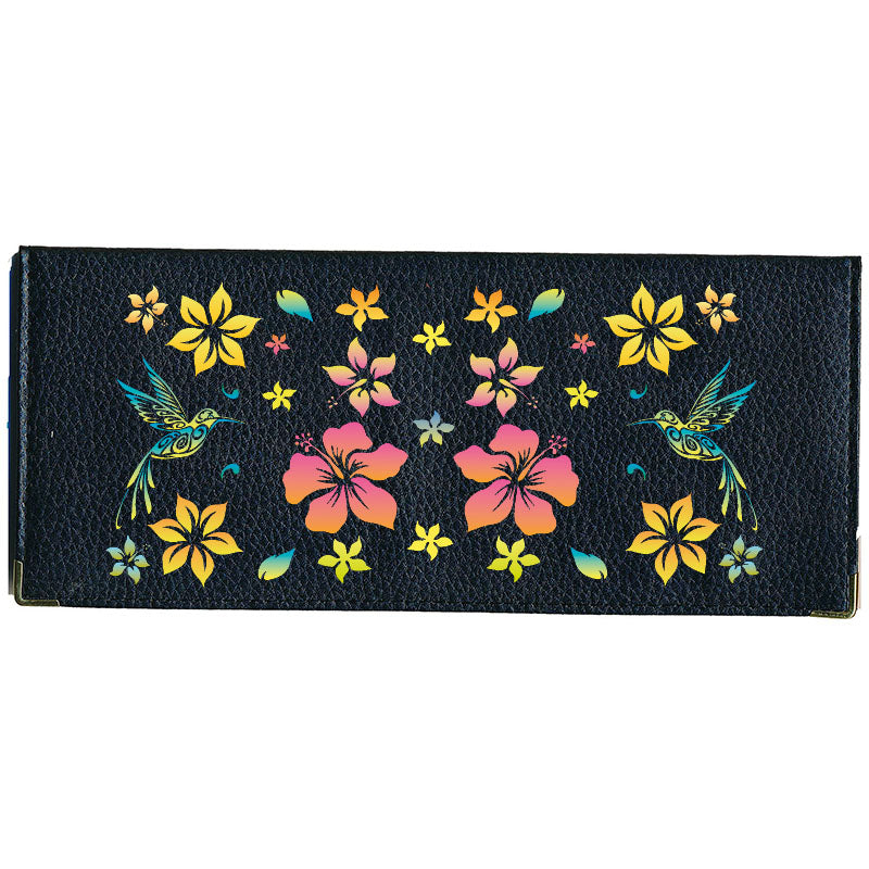 Porte Chéquier long en cuir noir personnalisé avec personnalisé avec Colibri orange