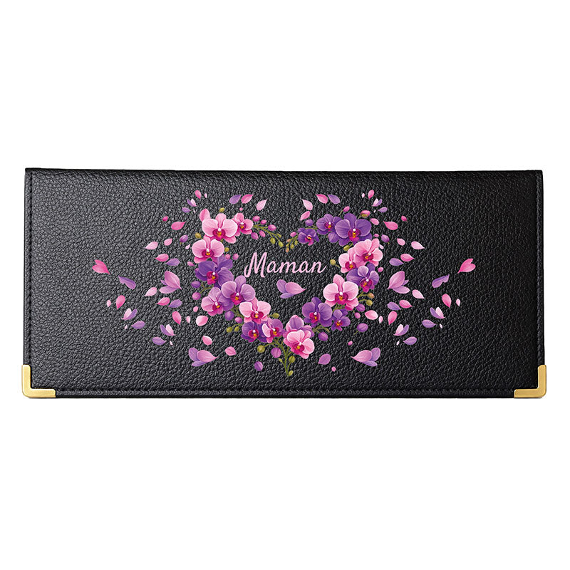 Porte Chéquier long en cuir noir personnalisé Maman Coeur Orchidée