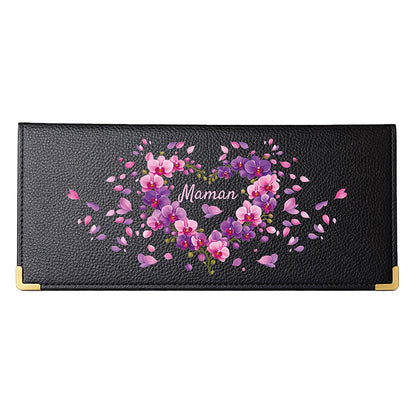 Porte Chéquier long en cuir noir personnalisé Maman Coeur Orchidée