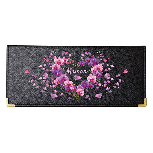 Porte Chéquier long en cuir noir personnalisé Maman Coeur Orchidée
