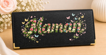 Porte Chéquier long en cuir noir personnalisé Maman Fleurs