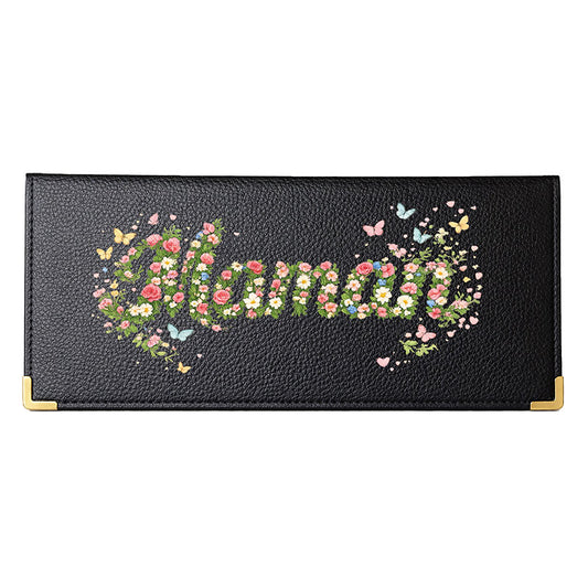 Porte Chéquier long en cuir noir personnalisé Maman Fleurs
