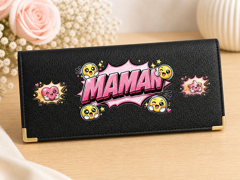 Porte Chéquier long en cuir noir personnalisé Maman Style BD