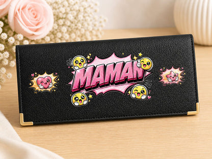 Porte Chéquier long en cuir noir personnalisé Maman Style BD