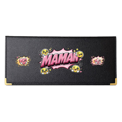 Porte Chéquier long en cuir noir personnalisé Maman Style BD