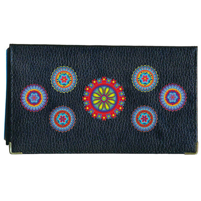 Porte chéquier et carte en cuir noir pour femme personnalisé avec Marguerite rouge