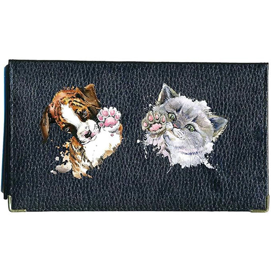 Porte chéquier et carte en cuir noir pour femme personnalisé avec Chien Chat