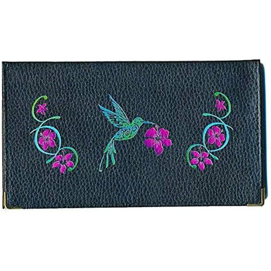 Porte chéquier et carte en cuir noir pour femme personnalisé avec Colibri