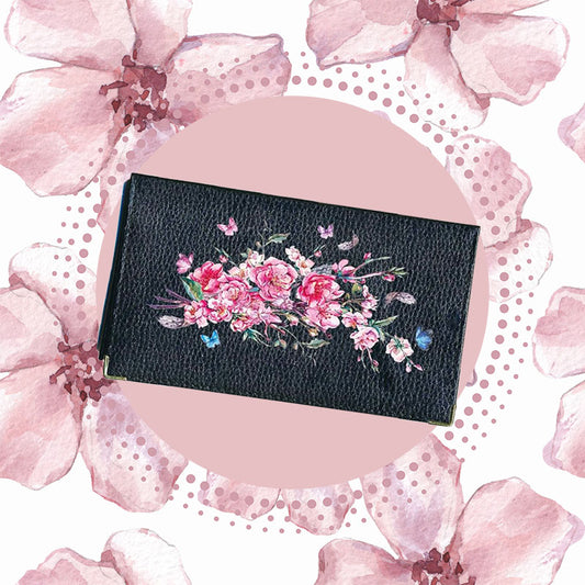 Porte chéquier et carte en cuir noir pour femme personnalisé avec fleur de cerisier