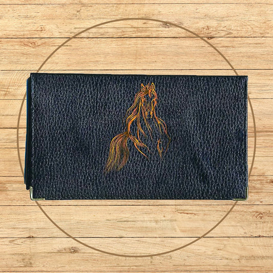 Porte chéquier et carte en cuir noir pour femme personnalisé avec Cheval orange
