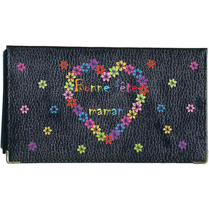 Porte chéquier et carte en cuir noir pour femme personnalisé Bonne fête maman