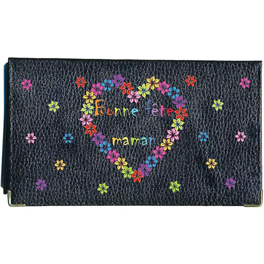 Porte chéquier et carte en cuir noir pour femme personnalisé Bonne fête maman