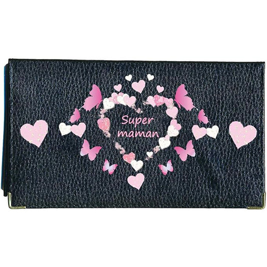 Porte chéquier et carte en cuir noir pour femme personnalisé Super Maman Coeur