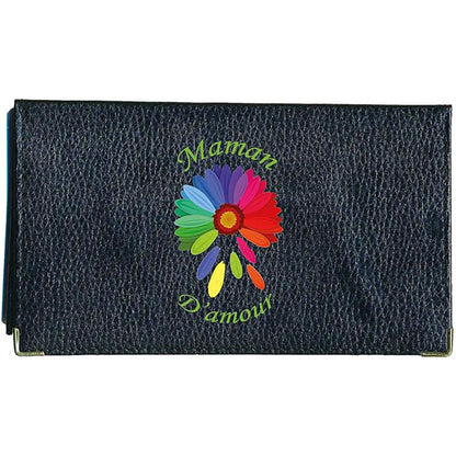 Porte chéquier et carte en cuir noir pour femme personnalisé Fleur color Maman