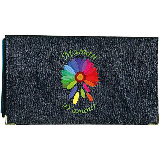 Porte chéquier et carte en cuir noir pour femme personnalisé Fleur color Maman