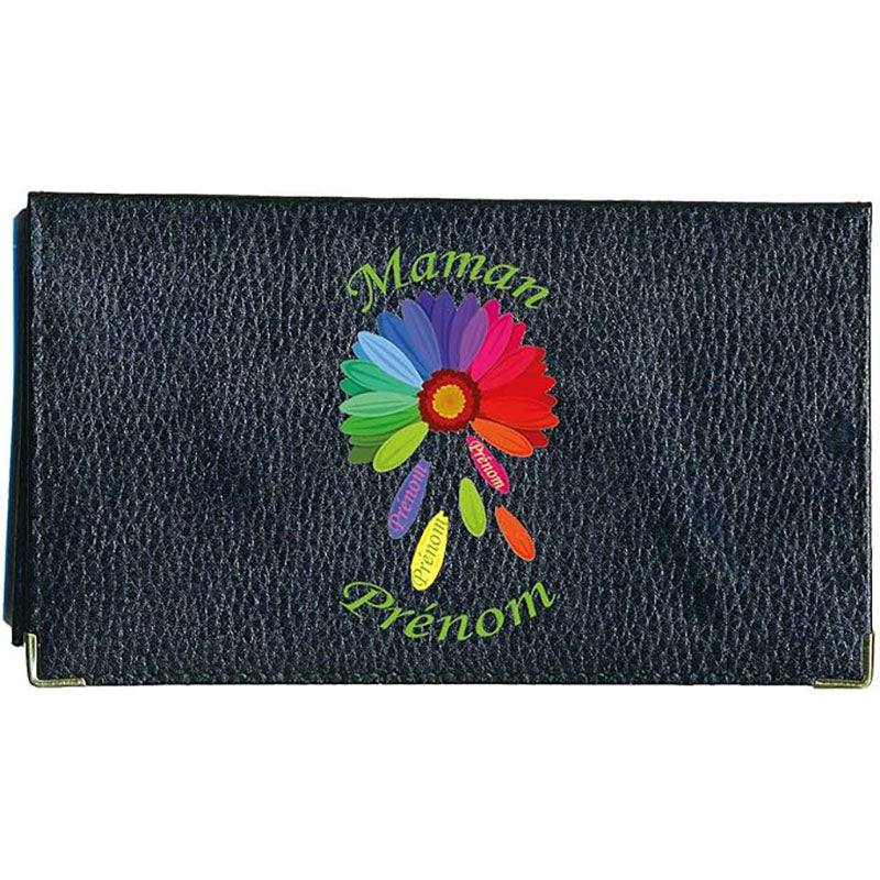 Porte chéquier et carte en cuir noir pour femme personnalisé Fleur color Maman