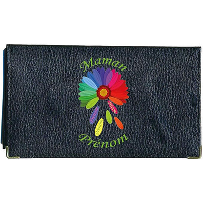 Porte chéquier et carte en cuir noir pour femme personnalisé Fleur color Maman