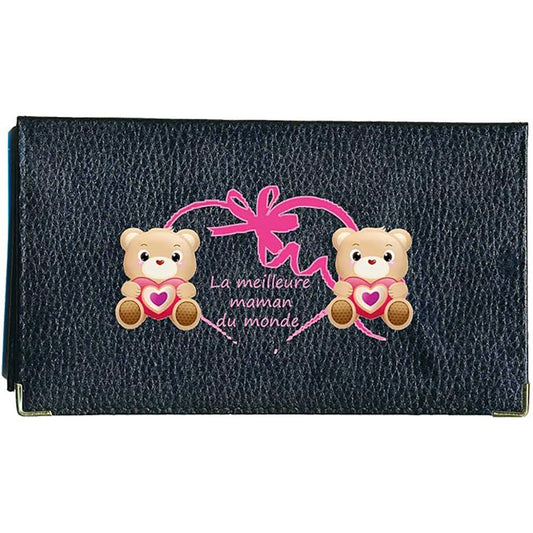 Porte chéquier et carte en cuir noir pour femme personnalisé maman ours