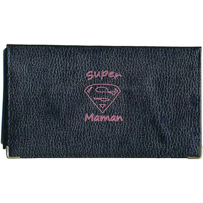 Porte chéquier et carte en cuir noir pour femme personnalisé Super Maman