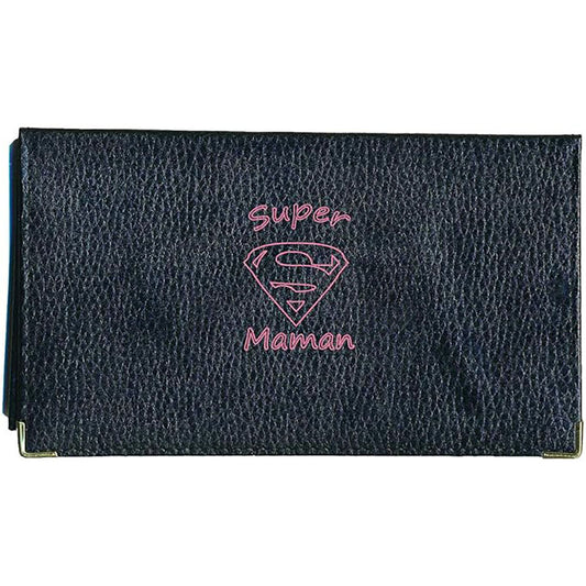 Porte chéquier et carte en cuir noir pour femme personnalisé Super Maman