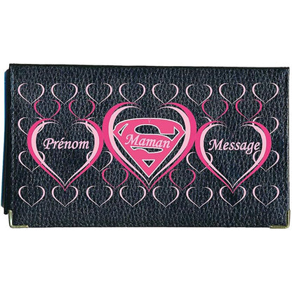 Porte chéquier et carte en cuir noir pour femme personnalisé S Maman