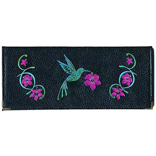 Porte Chéquier long en cuir noir personnalisé avec personnalisé avec Colibri hibiscus