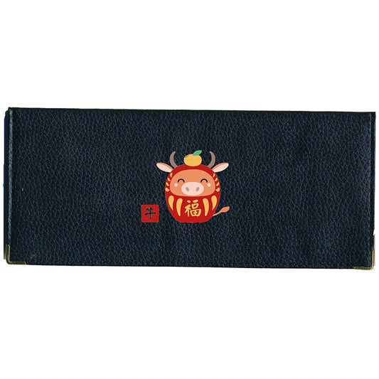 Porte Chéquier long en cuir noir personnalisé avec Signe Chinois Daruma