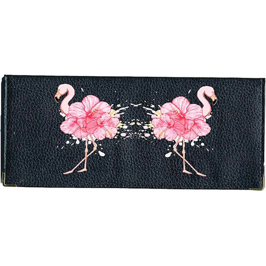 Porte Chéquier long en cuir noir personnalisé avec personnalisé avec Flamant rose