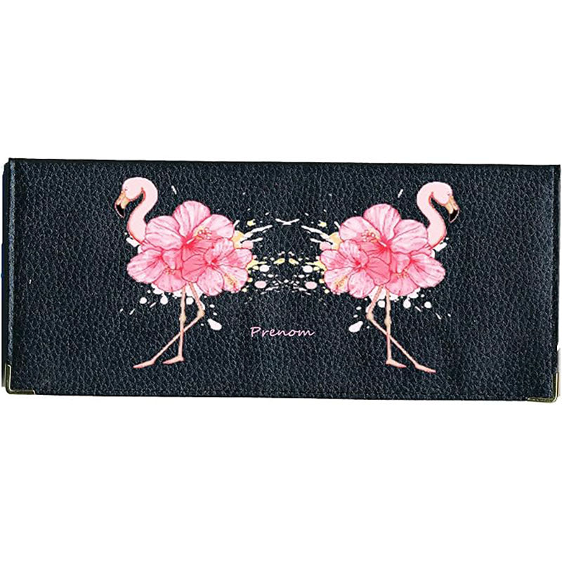 Porte Chéquier long en cuir noir personnalisé avec personnalisé avec Flamant rose