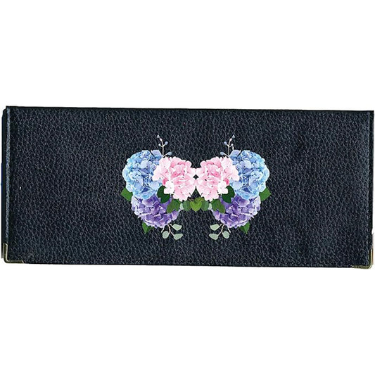 Porte Chéquier long en cuir noir personnalisé avec personnalisé avec Hortensia
