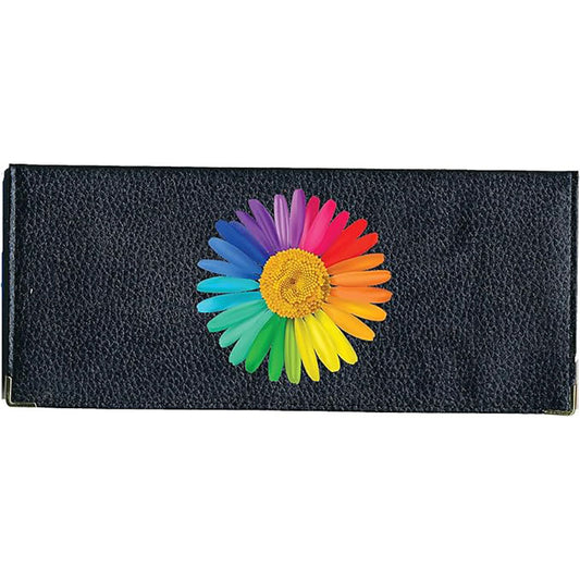 Porte Chéquier long en cuir noir personnalisé avec personnalisé avec Marguerite Arc en Ciel
