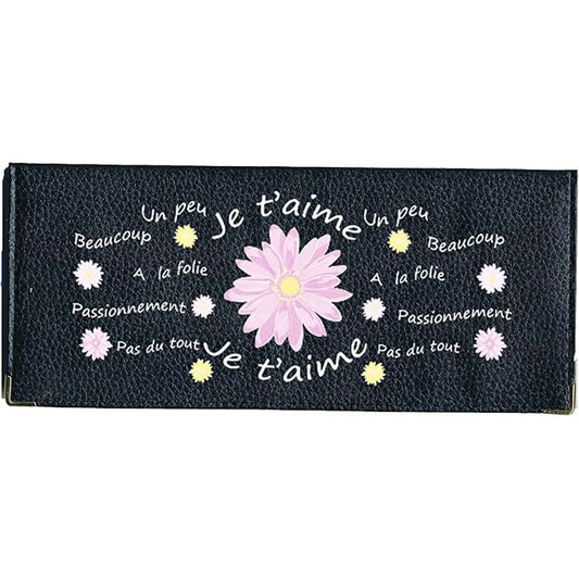 Porte Chéquier long en cuir noir personnalisé avec personnalisé avec Marguerite je t'aime...