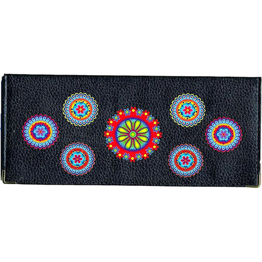 Porte Chéquier long en cuir noir personnalisé avec personnalisé avec Marguerite rouge
