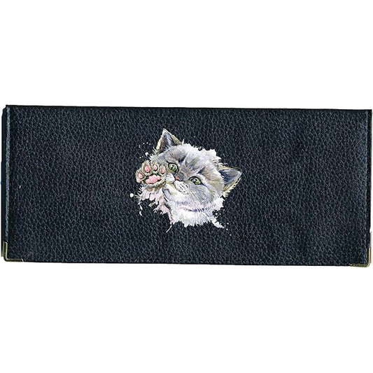 Porte Chéquier long en cuir noir personnalisé avec personnalisé avec Chat Minou
