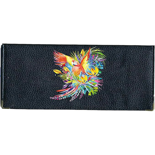 Porte Chéquier long en cuir noir personnalisé avec personnalisé avec Perroquet