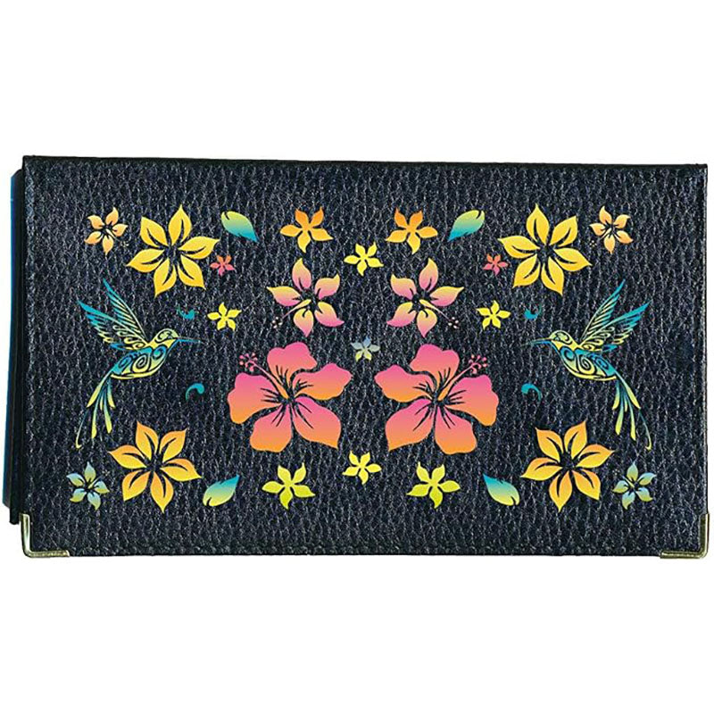 Porte chéquier et carte en cuir noir pour femme personnalisé avec Colibri orange