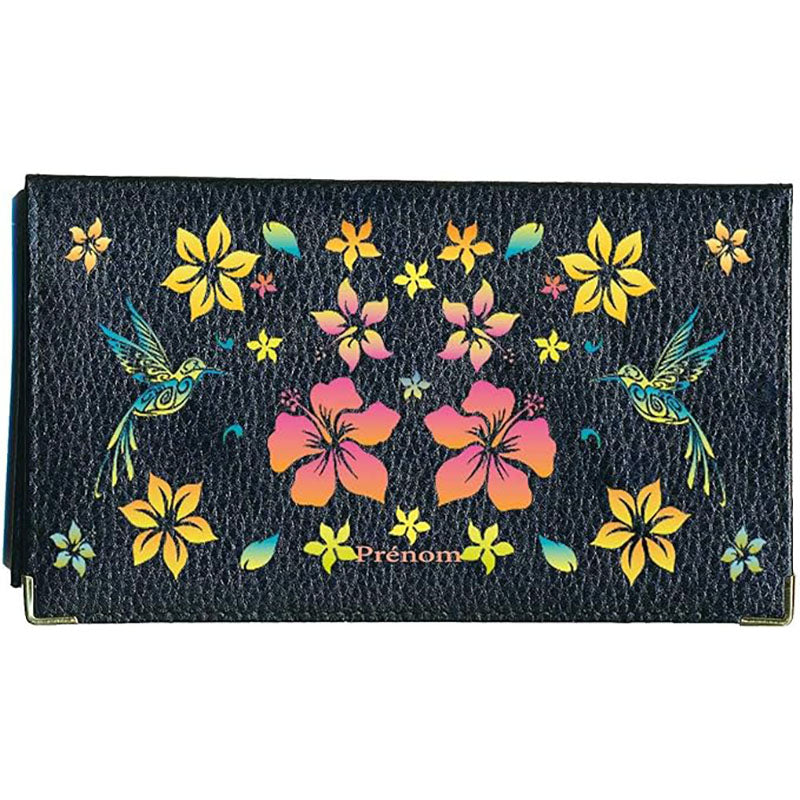 Porte chéquier et carte en cuir noir pour femme personnalisé avec Colibri orange
